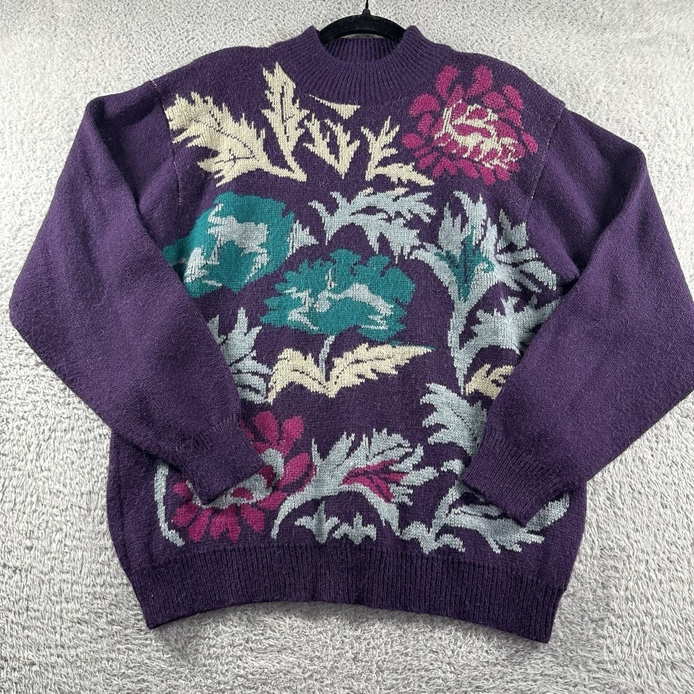 VINTAGE Alfred Dunner Floral Pattern Sweater‎ Womens Large Purple Acrylic Granny